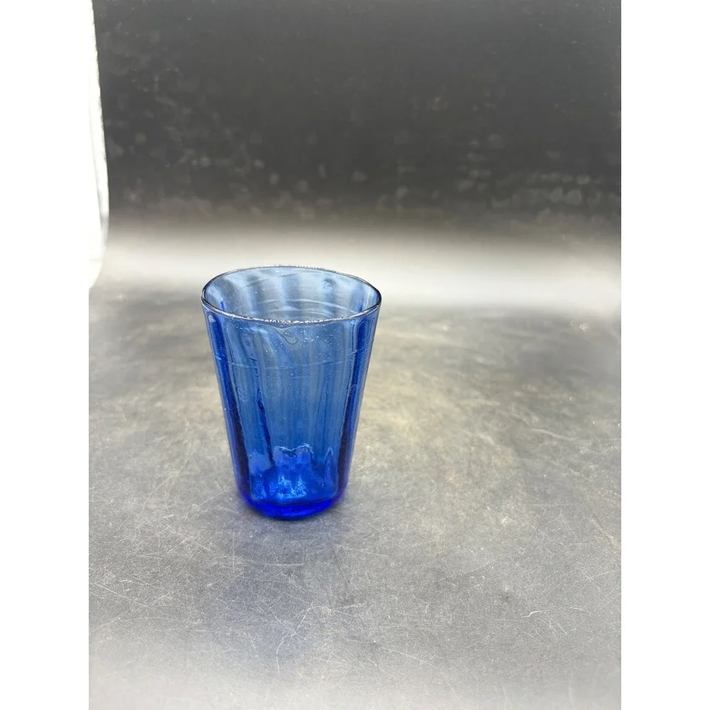 Vintage Cobalt Blue Hand Blown Ribbed Glass Tumbler 4.5 Inch Cup